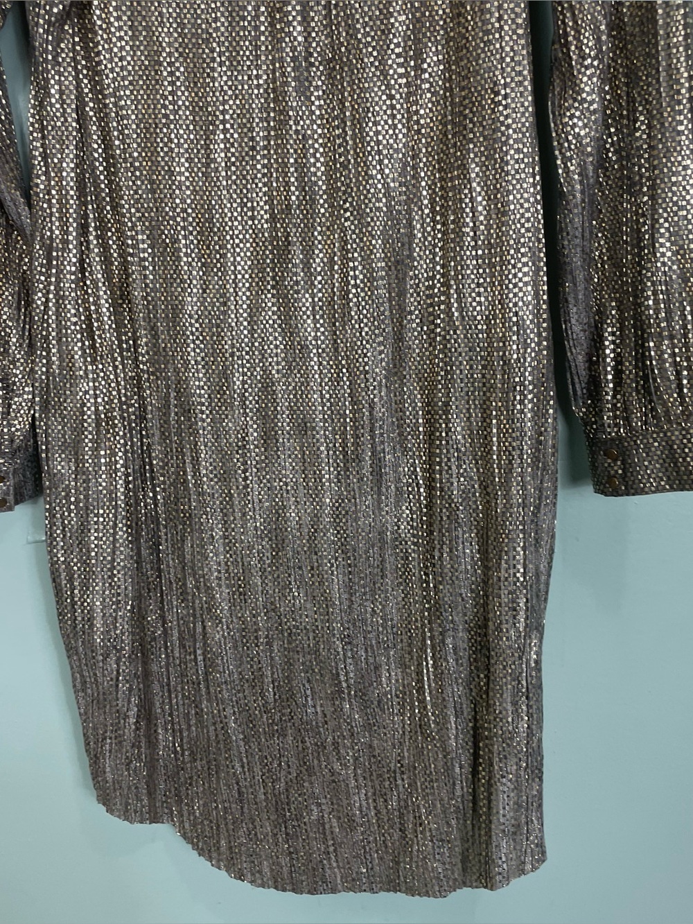 Sabina Musayev Tied Shimmer Gold Tunic Dress With Pockets Pleated Women Medium - Picture 6 of 9